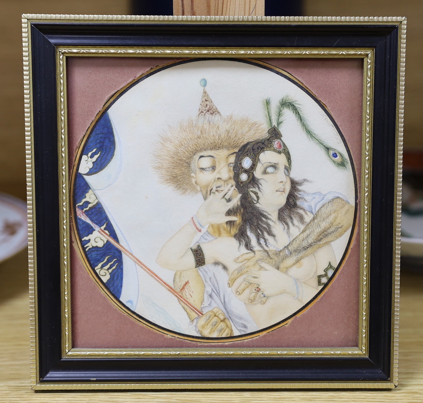 English School c.1910, watercolour on paper, Nude and Mongol warrior, indistinctly signed E. Kas..., tondo, 13.5cm